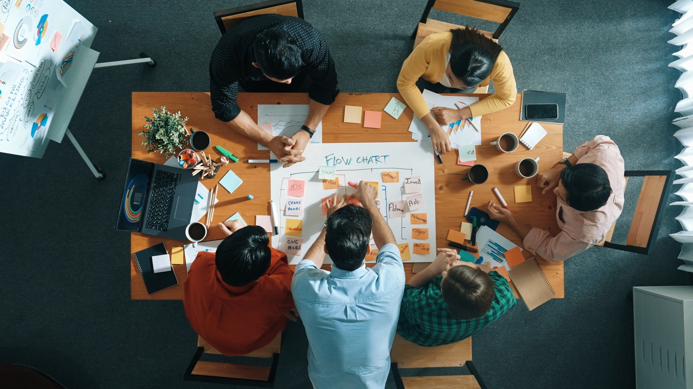 Top view of business man put scrum board on table at meeting room. Convocation.